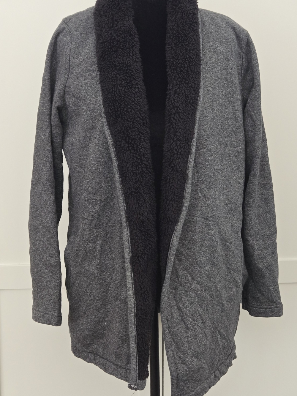 LL Bean Shawl Collar Sherpa Lined Fleece Cardigan Grey Open Front Wrap Sweater M
